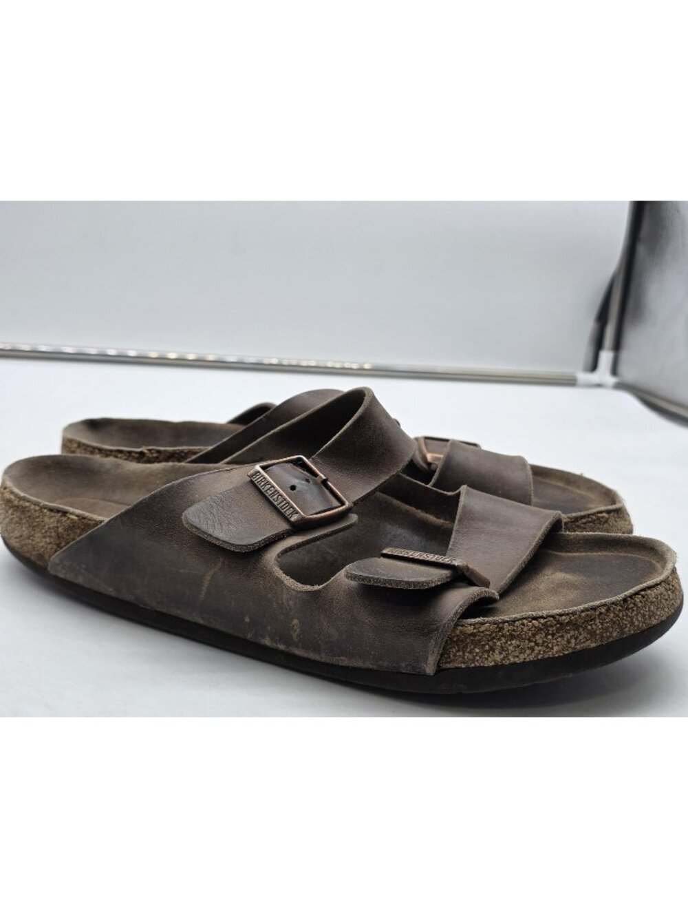 Birkenstock Arizona Sandals Shoes Mens Size 44 Brown Leather Double Strap Damage